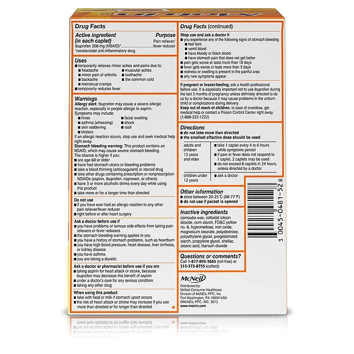Box of Motrin IB pain relief medicine, featuring 2-pack blister packs, from Quakekits.com, with individual pills visible in the image.