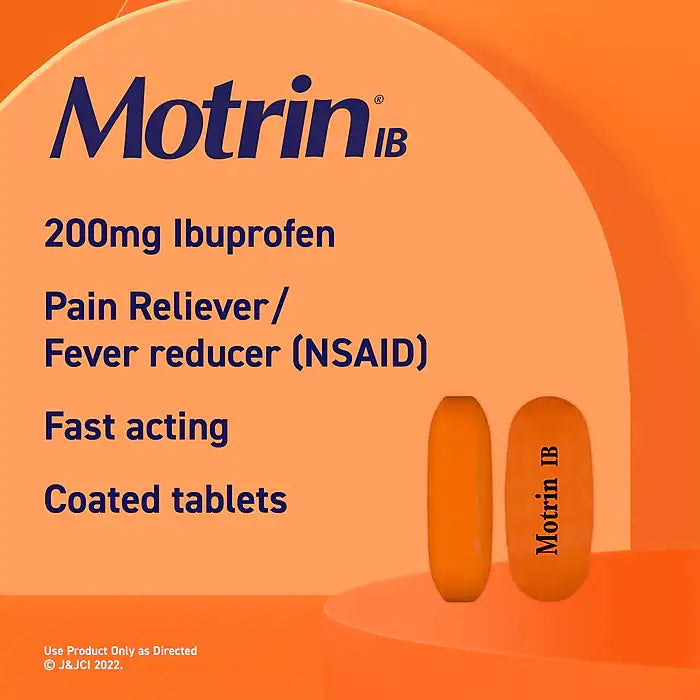 Motrin IB pain relievers in a pack, with two tablets shown, designed for effective relief from minor aches and pains.