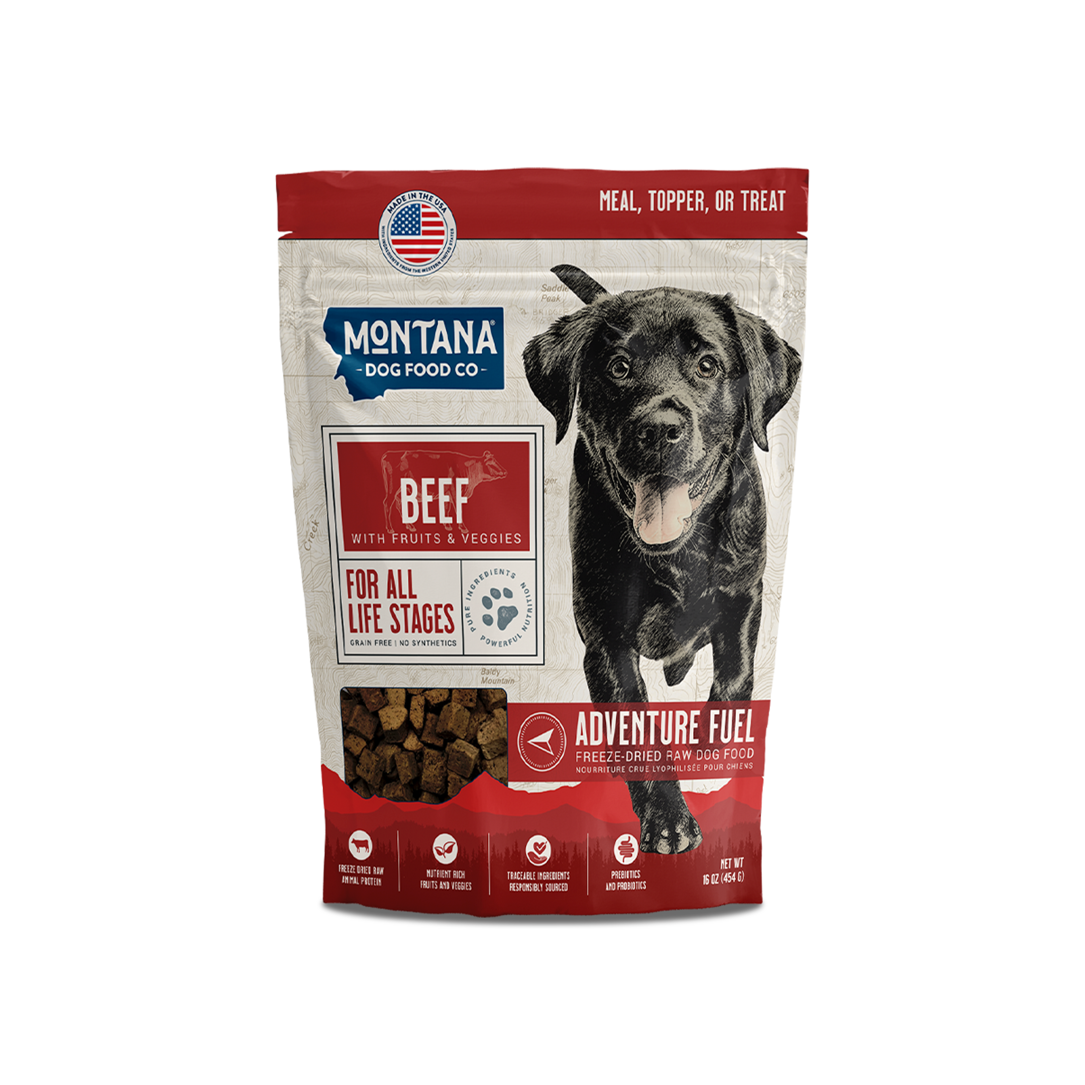 Grain-free beef freeze-dried raw dog food from Montana Dog Food Co, ideal as meals or toppers for healthy dogs.