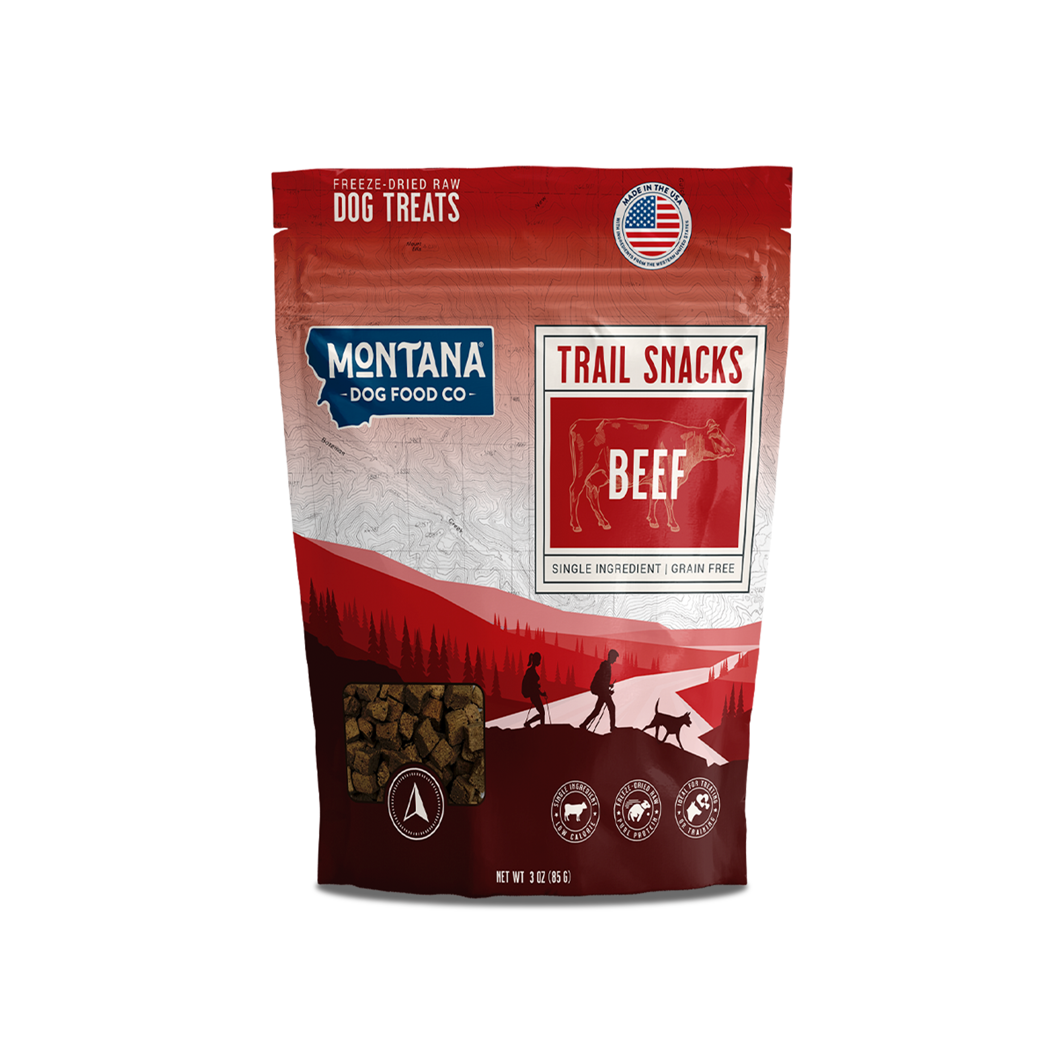 Beef heart freeze-dried dog treats from Montana Dog Food Co, 3oz package, showing crunchy beef heart pieces for dogs.