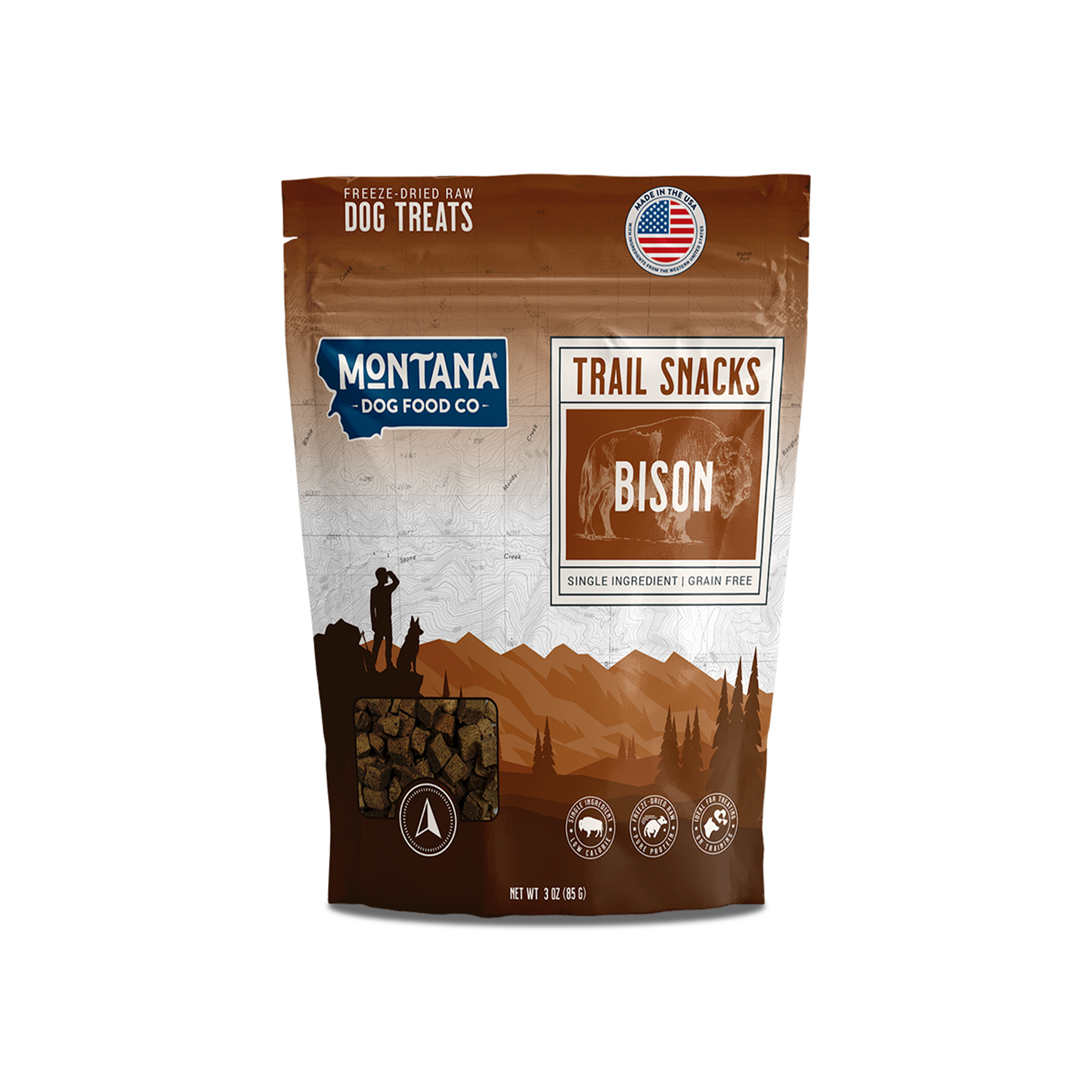 Freeze-dried bison liver dog treats from Montana Dog Food Co, 3oz, showing the crunchy, natural raw snack for dogs.