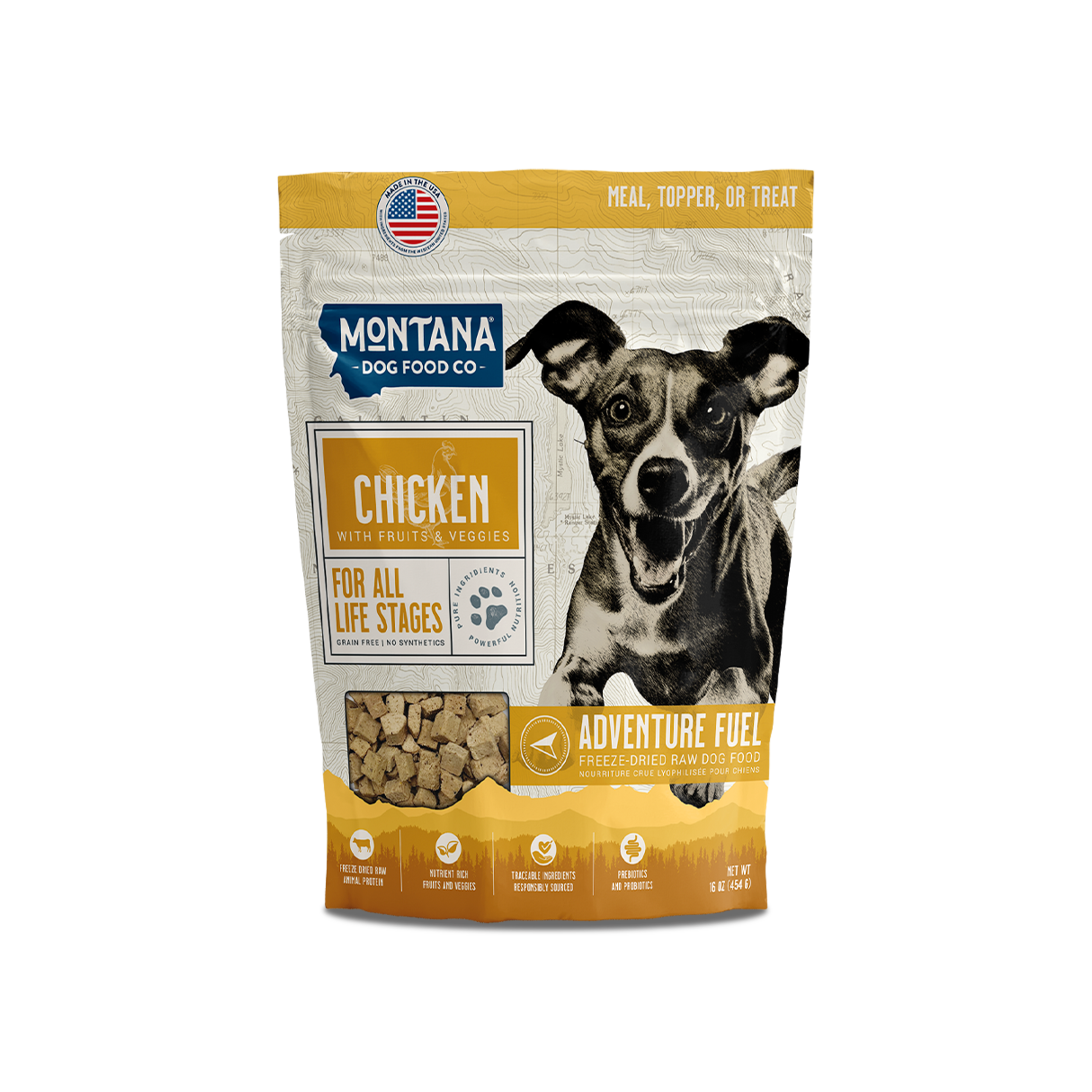 Grain-free chicken freeze-dried raw dog food meal or topper by Montana Dog Food Co, shown in a close-up image.