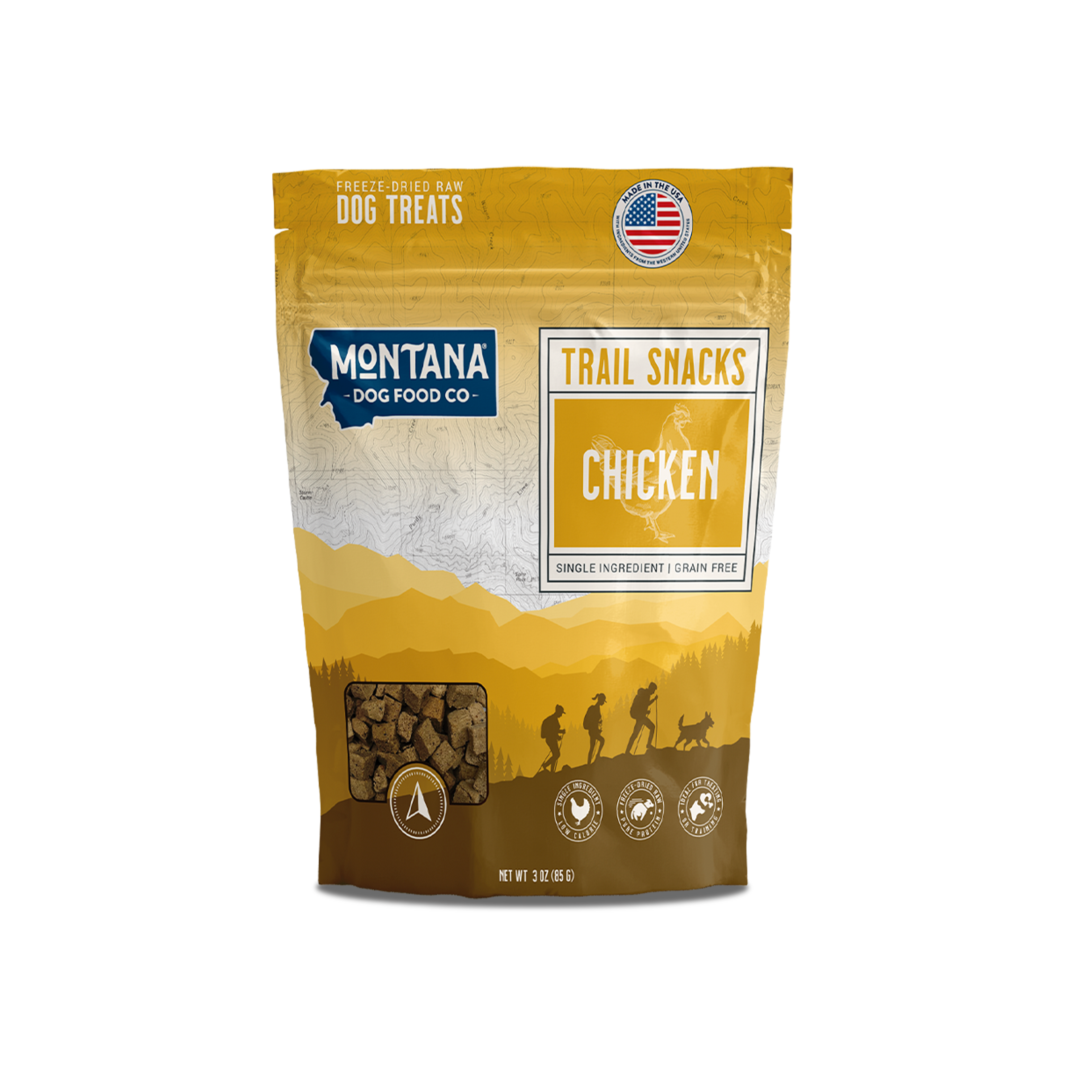 Freeze-dried chicken breast dog treats from Montana Dog Food Co, 3oz, showing crunchy raw chicken snack for dogs.