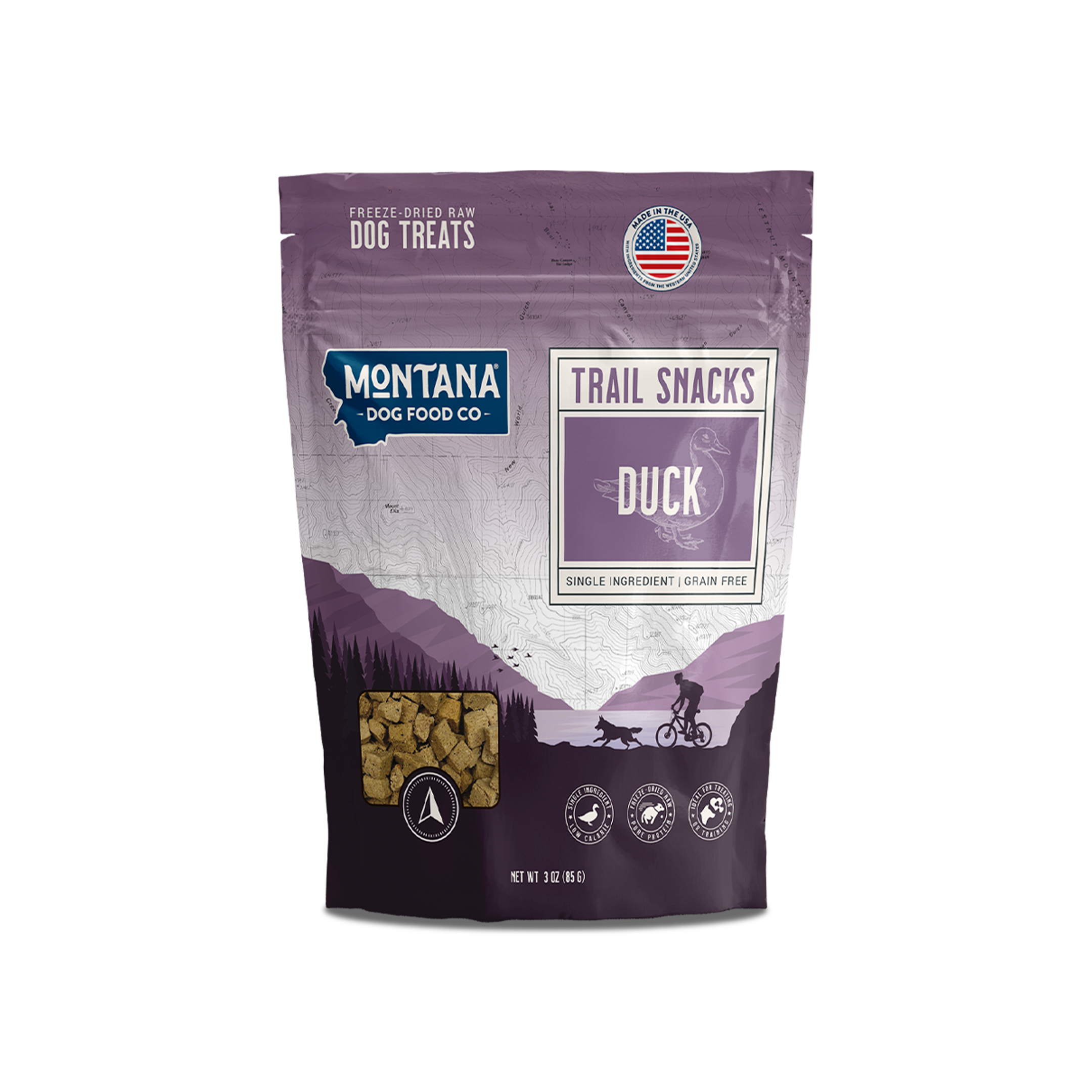 Freeze-dried duck dog treats from Montana Dog Food Co, 3oz bag with crunchy, natural duck snack pieces for dogs.