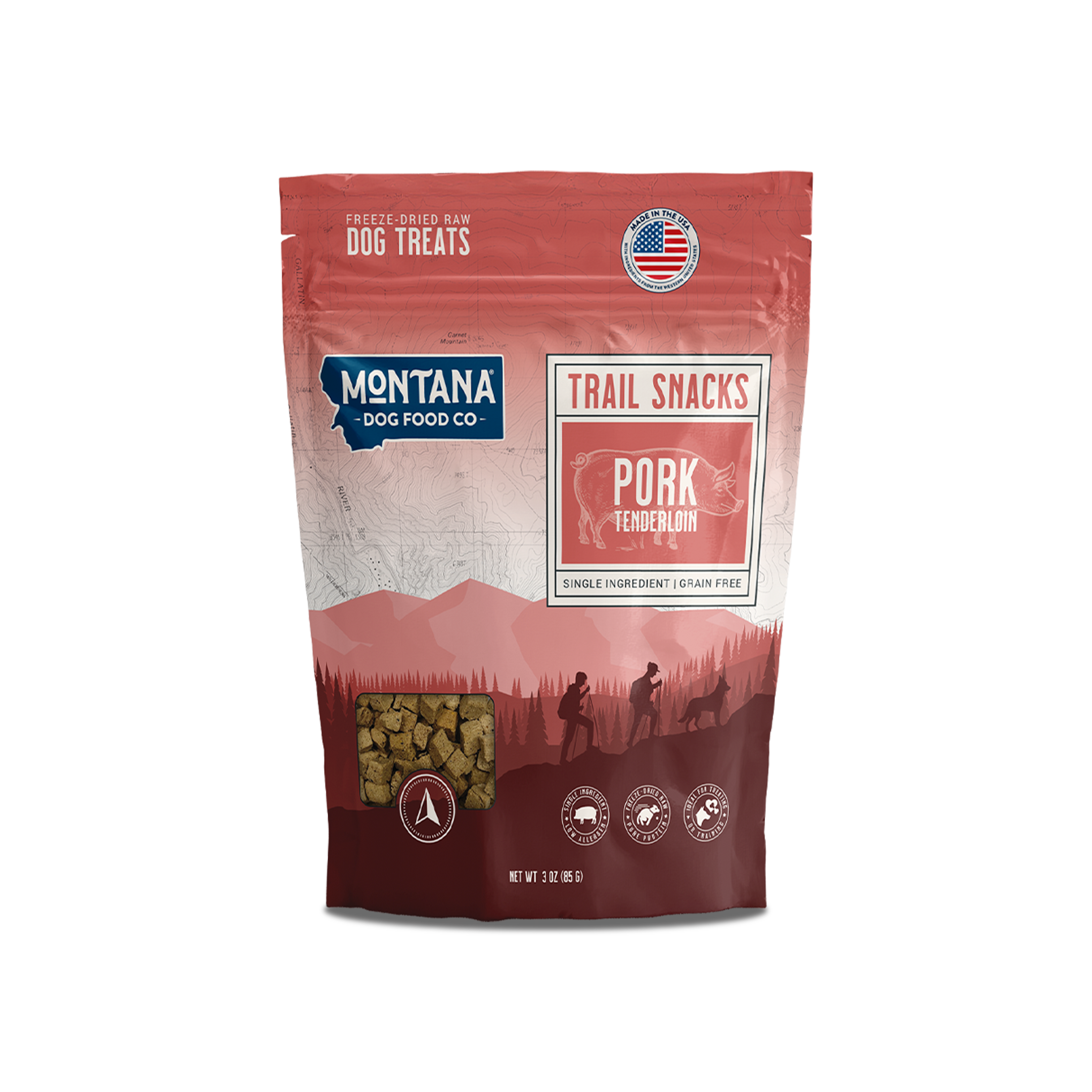 Freeze-dried pork tenderloin dog treats from Montana Dog Food Co, 3oz, showing crunchy, raw snack pieces for dogs.