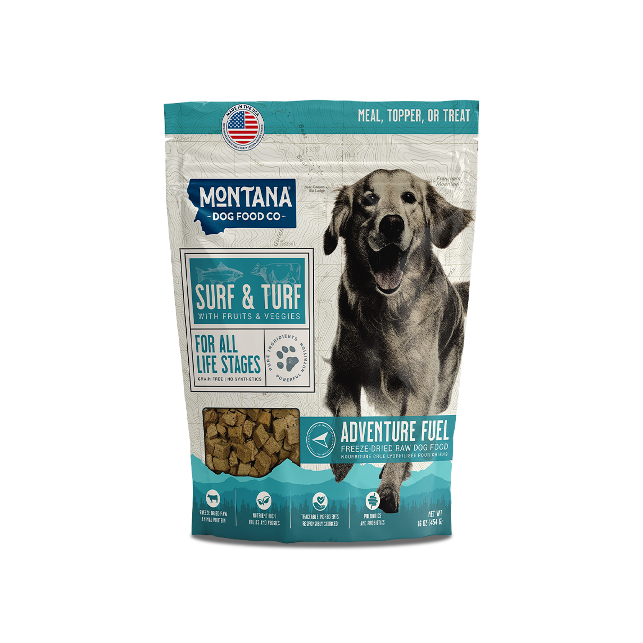 Grain-free Surf & Turf dog food meal by Montana Dog Food Co, featuring freeze-dried raw ingredients with beef and seafood.