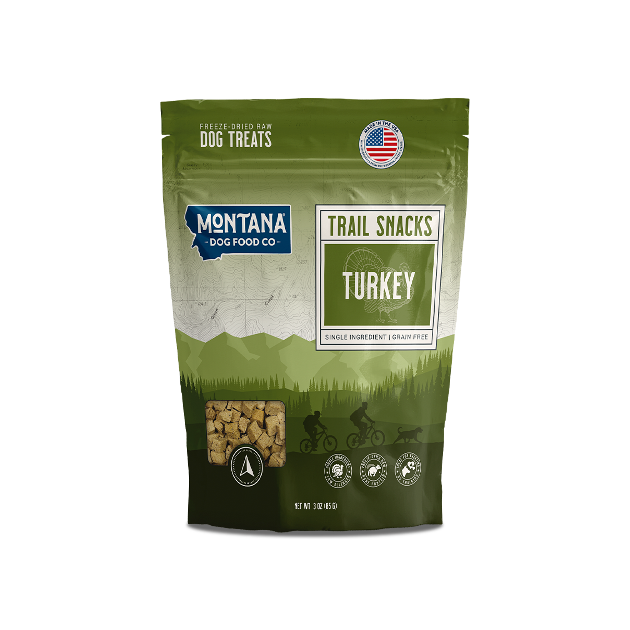 Turkey liver freeze-dried raw dog treats from Montana Dog Food Co, 3oz pack, shown in a clear image.