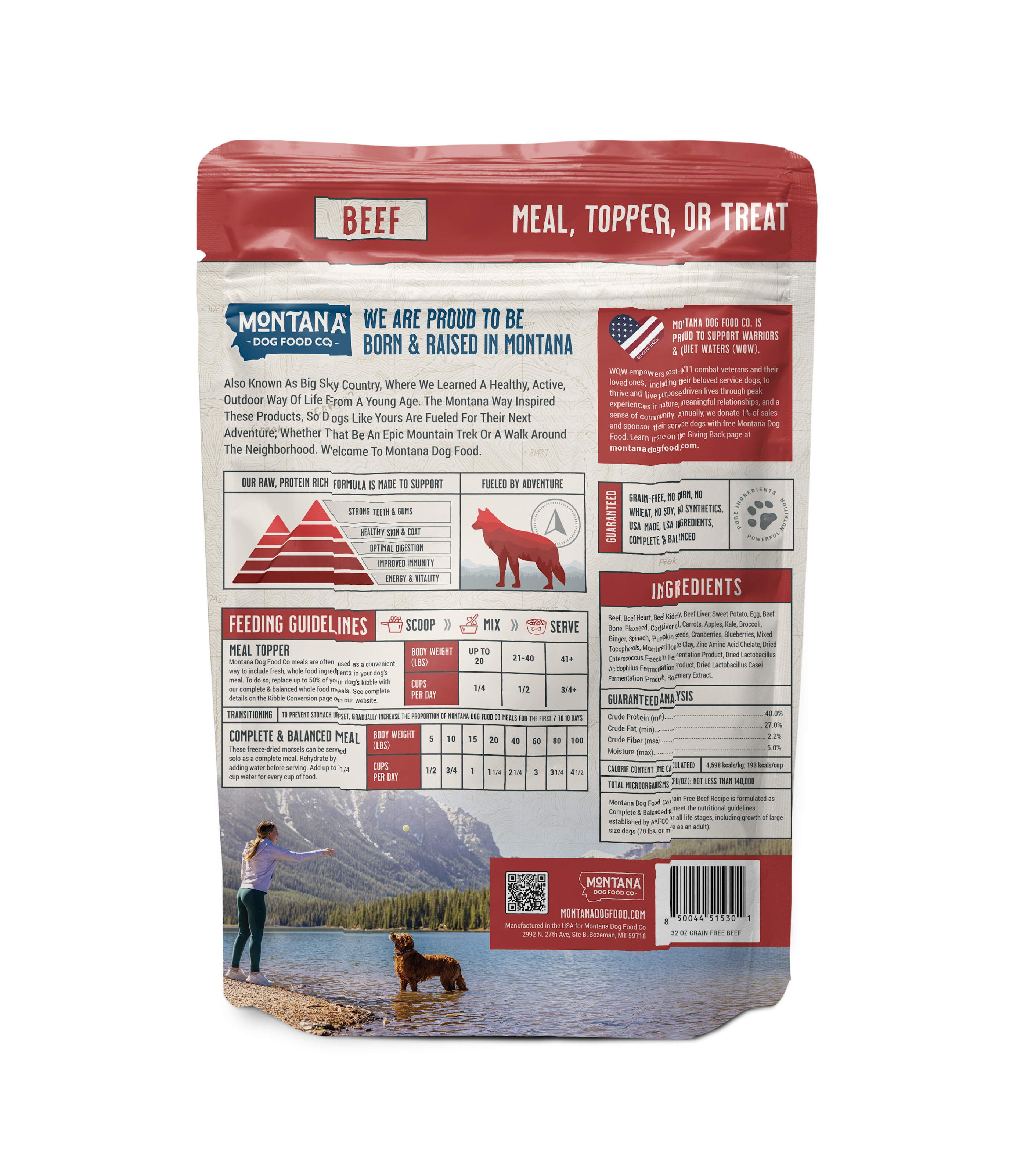Montana Dog Food Co grain-free beef freeze-dried raw dog food meal or topper in a 32oz package, showing beef pieces and packaging.