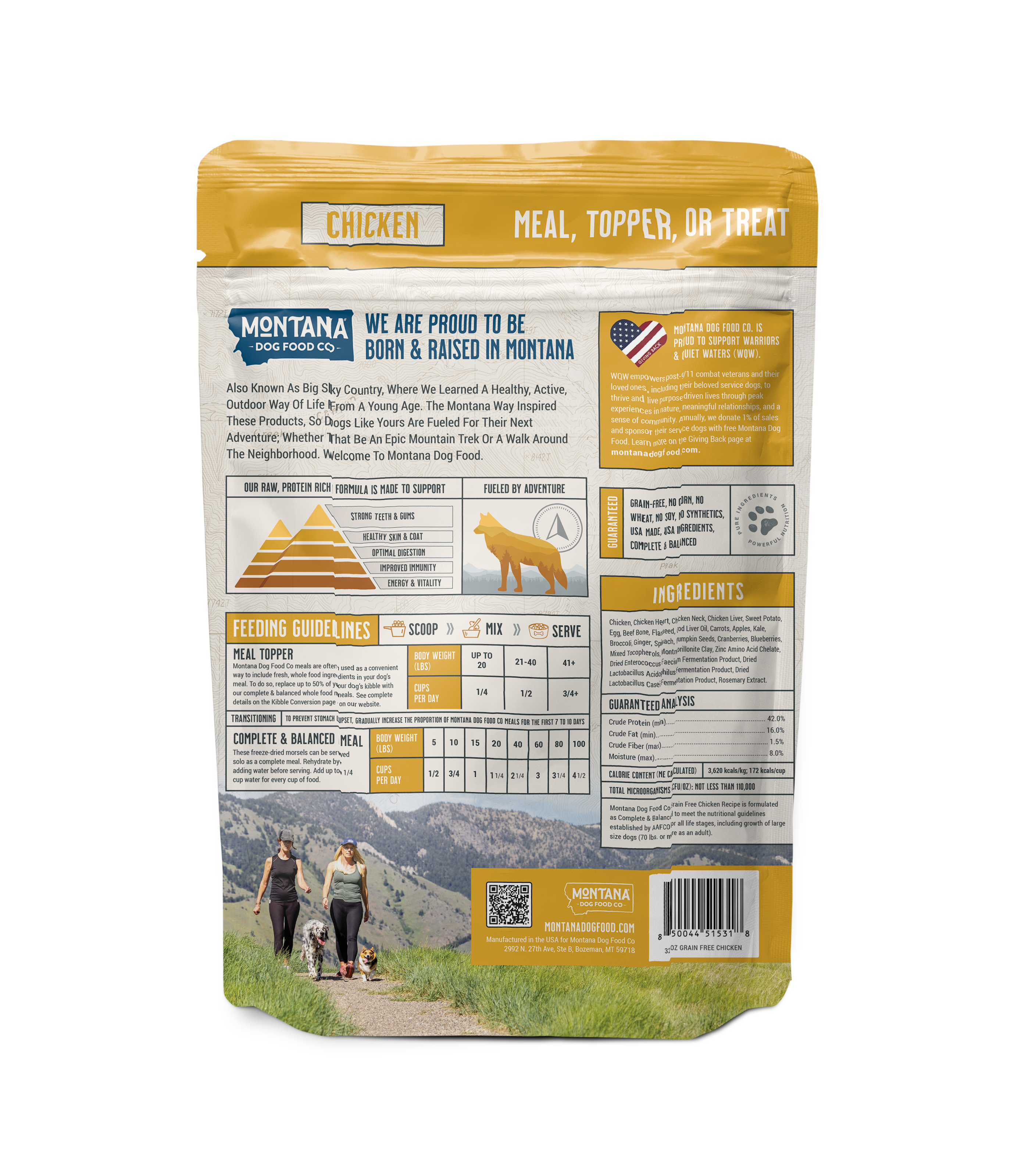 Grain-free chicken freeze-dried raw dog food meal and topper from Montana Dog Food Co, shown in 32oz package.