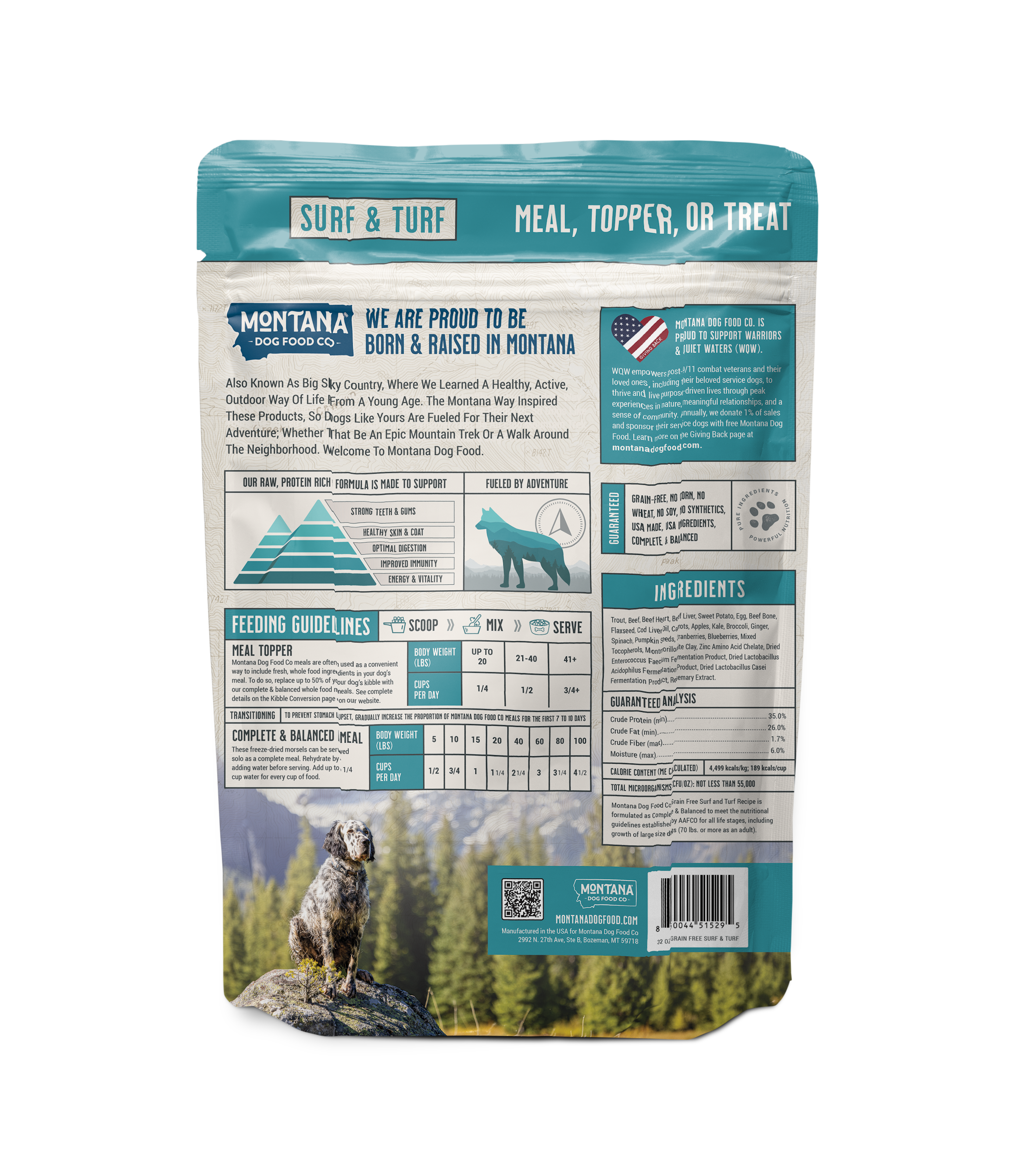 Grain-free Surf & Turf dog food meal from Montana Dog Food Co, featuring freeze-dried raw ingredients in a 32oz package.
