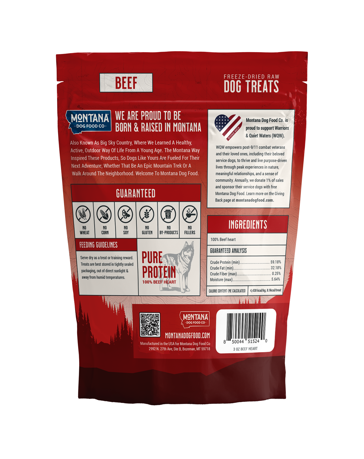 Freeze-dried beef heart dog treats from Montana Dog Food Co, 3oz package showing beef heart treats on a white background.