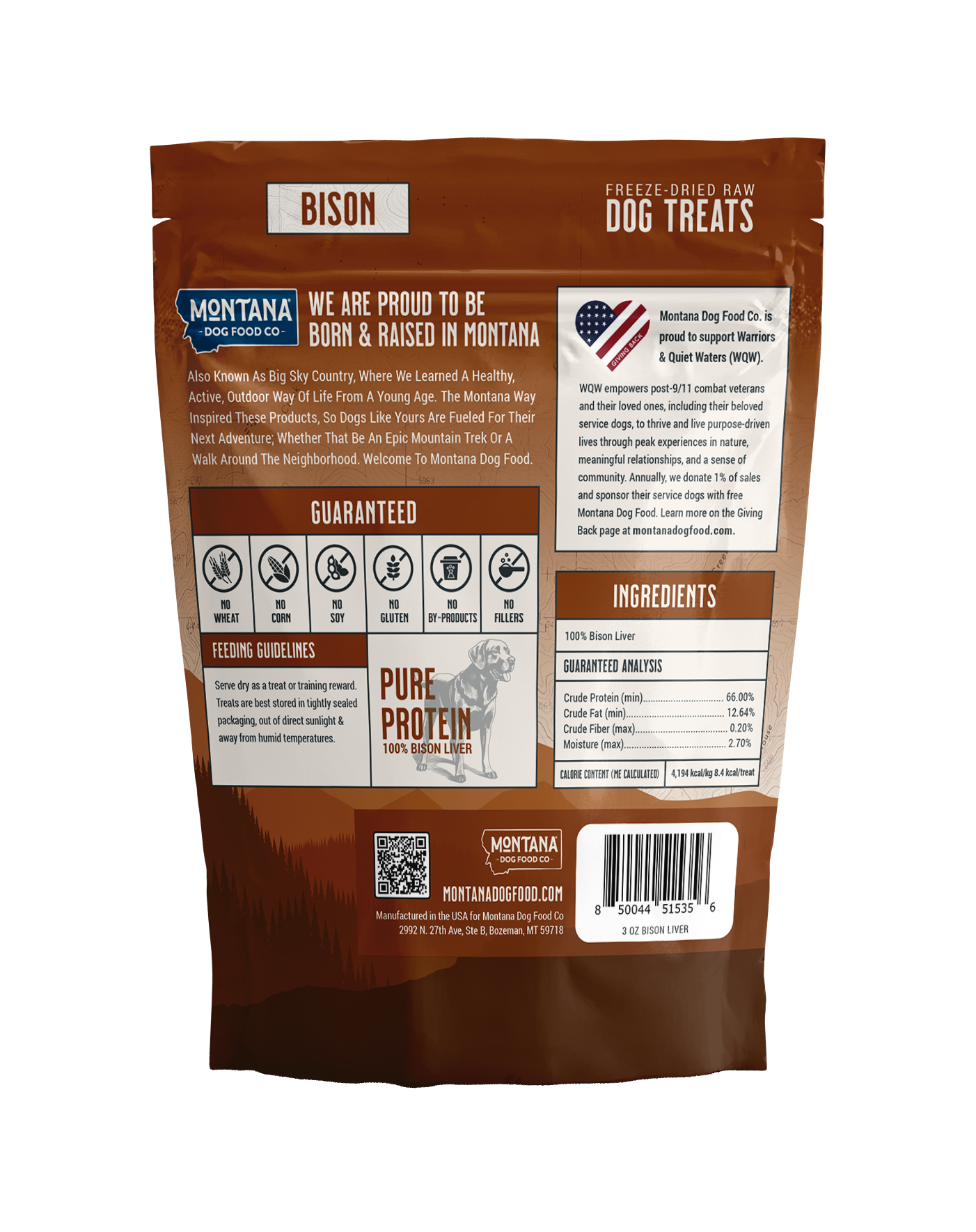Freeze-dried Bison Liver dog treats by Montana Dog Food Co, shown in a 3oz package with a rustic design.