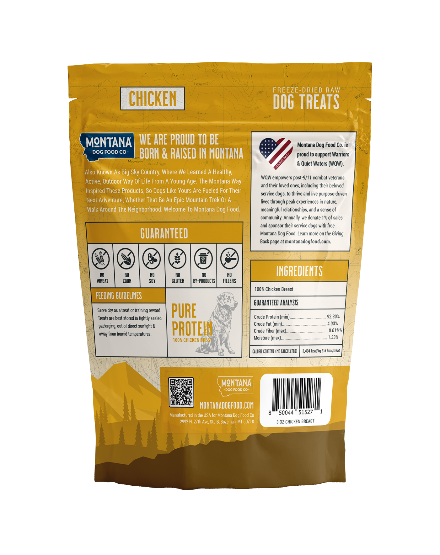 Raw freeze-dried chicken breast dog treats in a 3oz package, natural Montana Dog Food Co product for dogs.