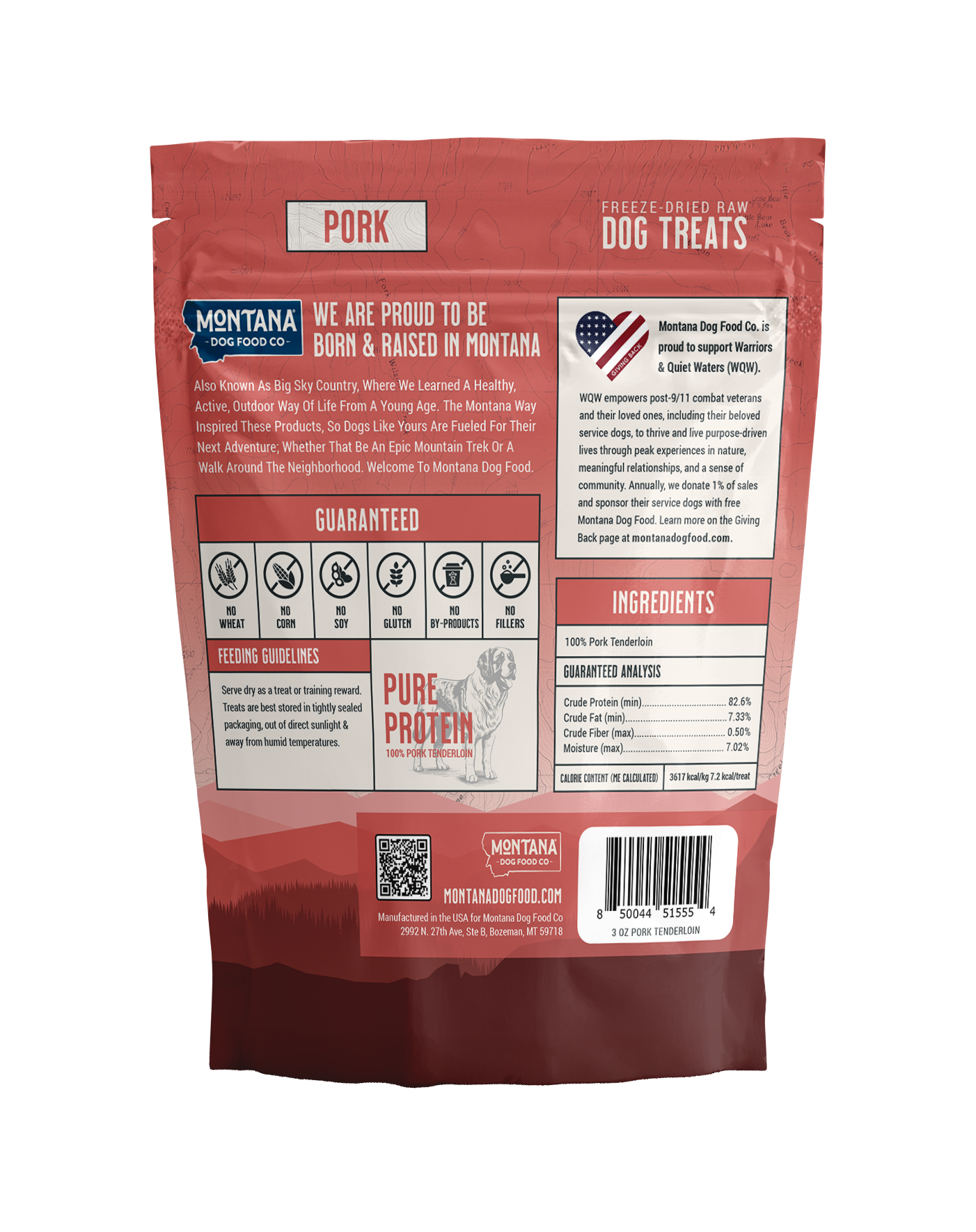 Freeze-dried pork tenderloin dog treats in a 3oz package by Montana Dog Food Co, showing the product and branding on the bag