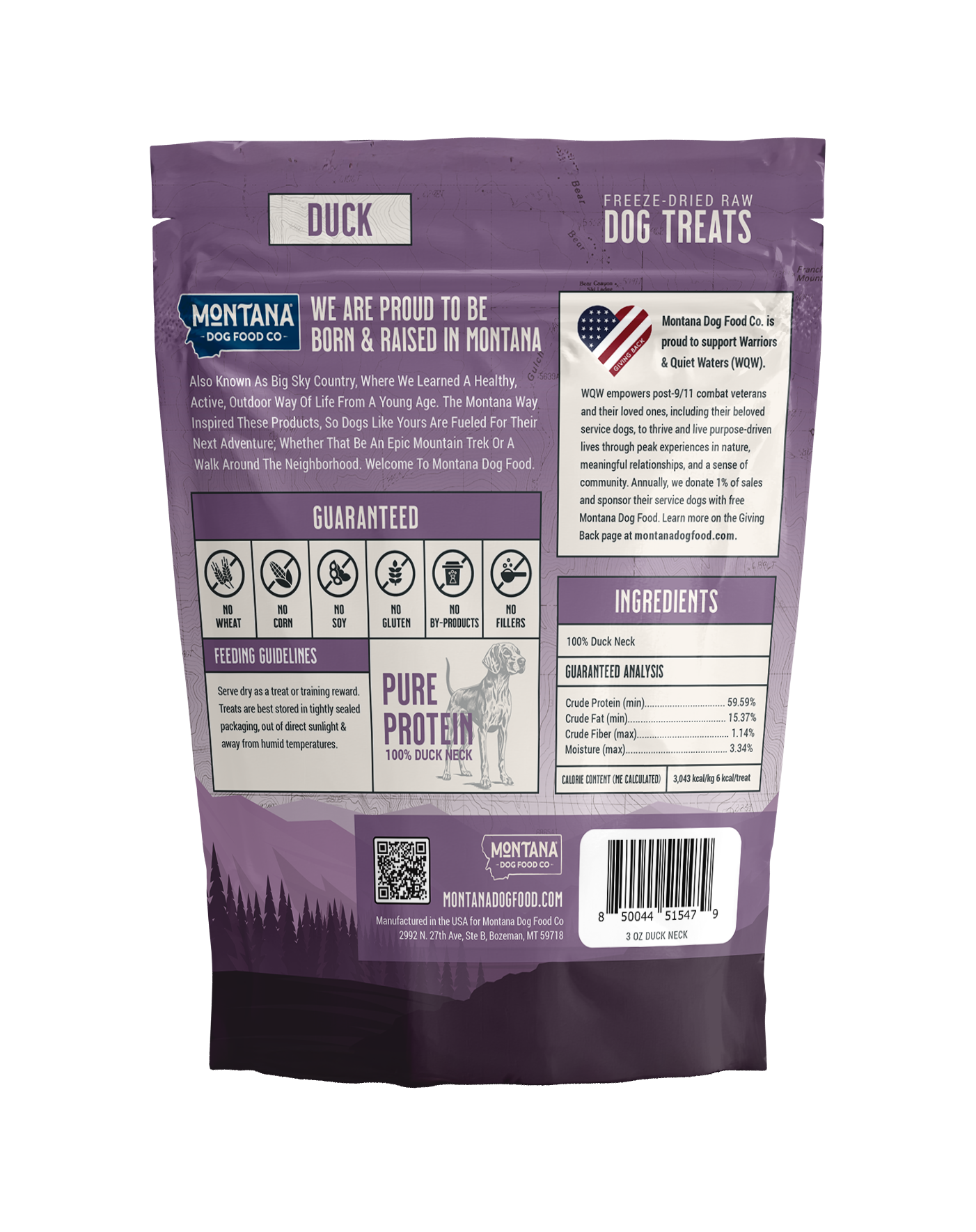 Freeze-dried duck dog treats from Montana Dog Food Co, 3oz, showing crunchy, natural dog snack pieces in a resealable bag.