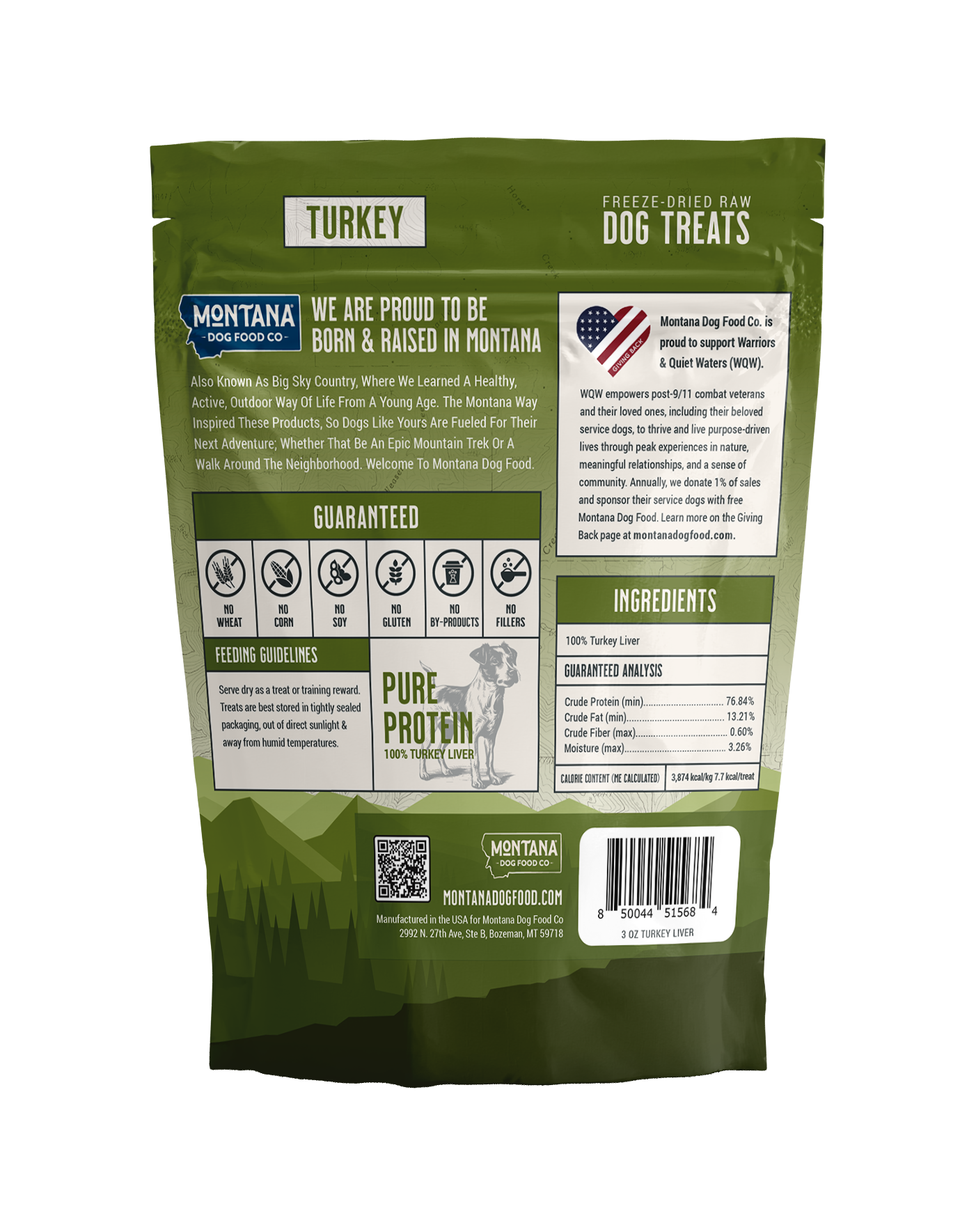 Turkey liver freeze-dried raw dog treats in 3oz package by Montana Dog Food Co, shown in a mockup image.