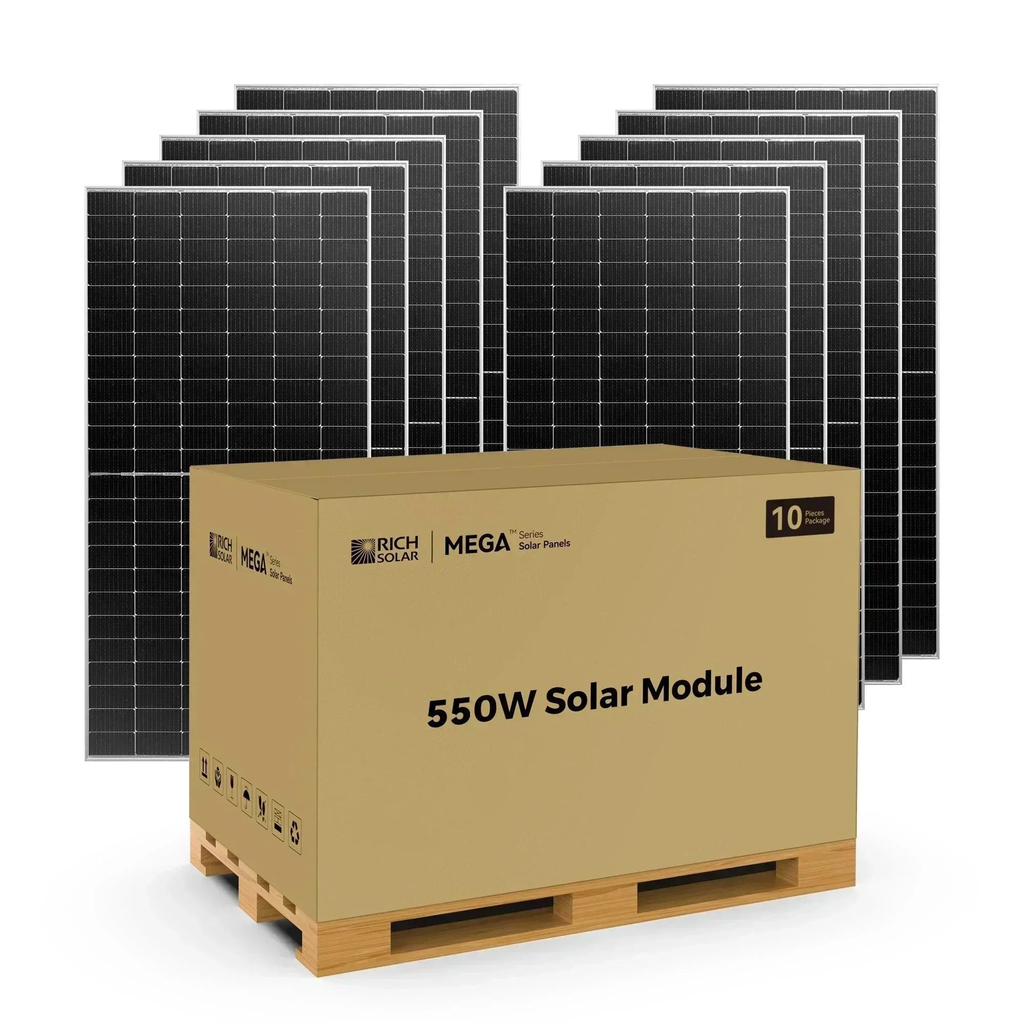 Green Vista Living Mega 550 Watt mono solar panel showing a large photovoltaic panel with grid-tie and off-grid options.