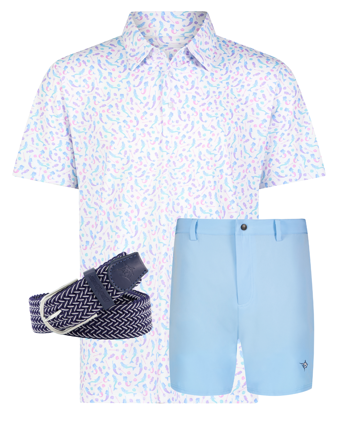 White Water Life Mermaid Polo shirt displayed on a mannequin, featuring a vibrant, colorful mermaid graphic design.