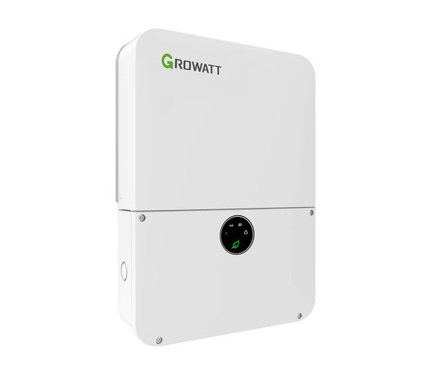 Growatt 11.4kW grid-tie inverter from Portable Sun LLC, model MIN 11400TL-XH-US, with display and connection ports visible.