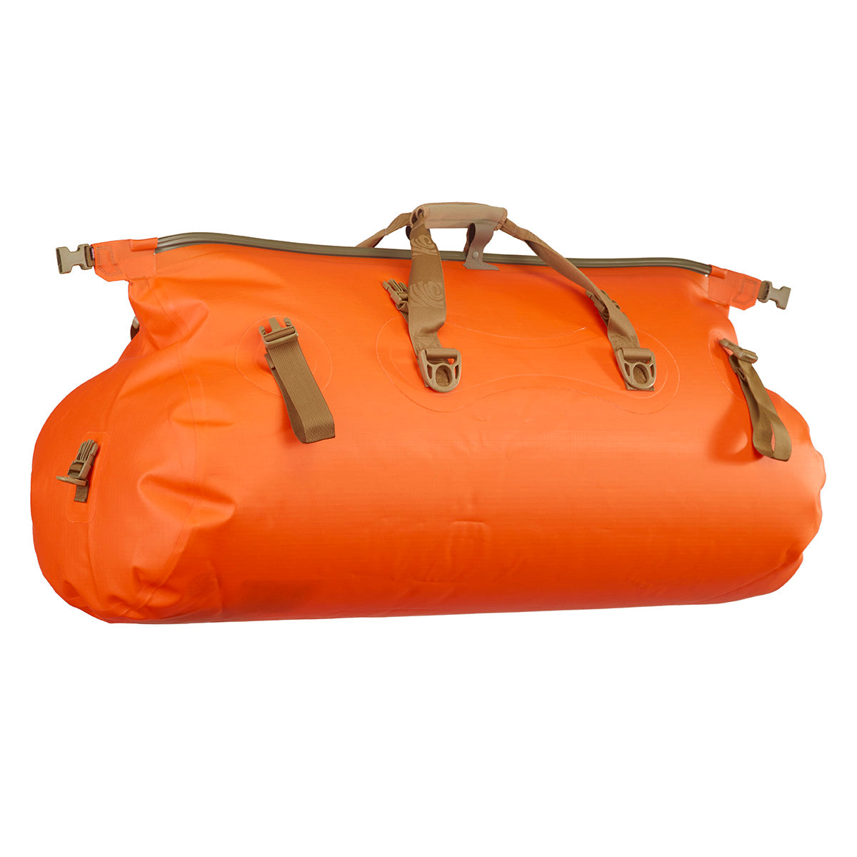 Orange duffel bag with brown straps on a white background