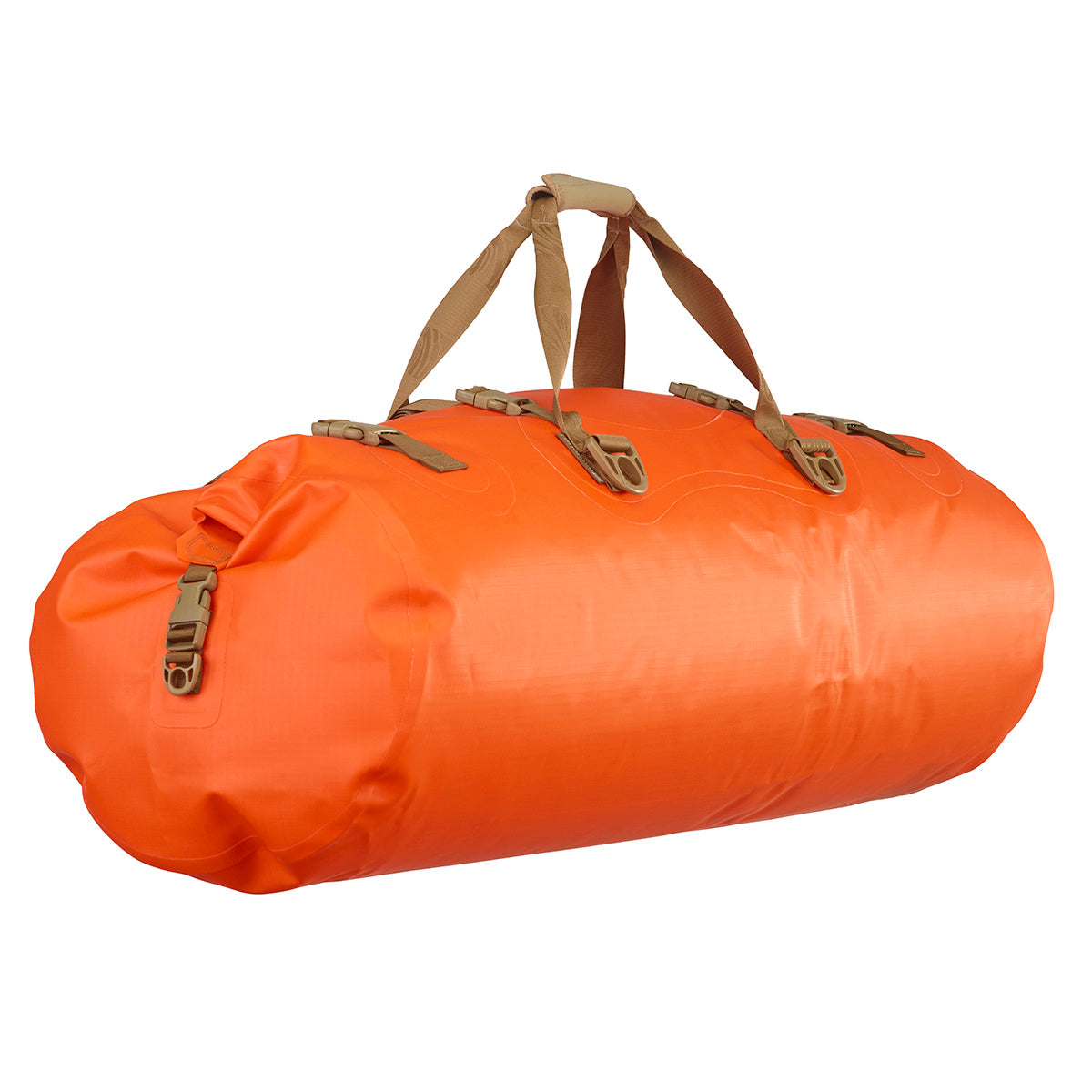 An orange waterproof duffel bag with tan webbing handles and buckle straps, shown on a solid white background.