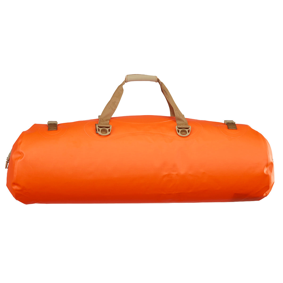 An orange waterproof dry bag with tan webbing handles and metal D-rings, shown against a plain white background.