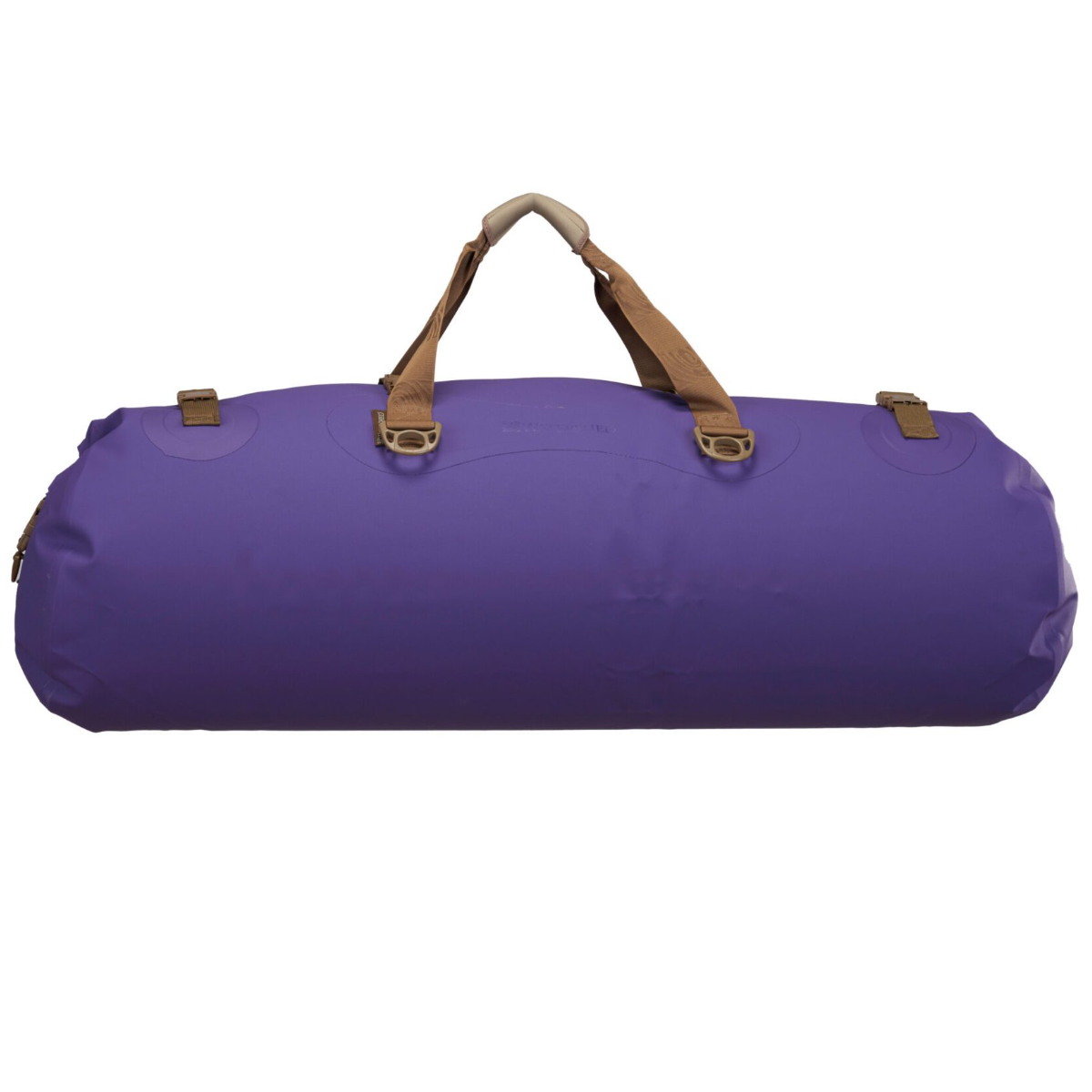 A purple waterproof duffel bag with brown leather handles and brass hardware, shown against a plain white background.