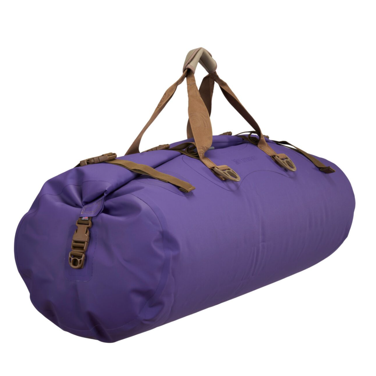 A purple cylindrical duffel bag with brown webbing handles and straps, shown on a plain white background.