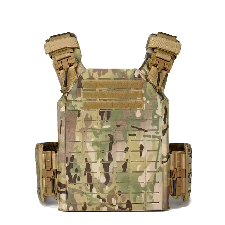MUCTAC Plate Carrier 10x12 in 1050D Nylon with quick release and laser cut MOLLE, designed for tactical use in Texas.
