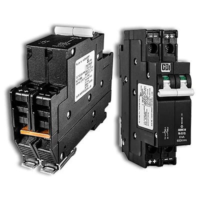 MidNite Solar MNEPV15-600-2PP din rail mount breaker for solar system components, shown in image with electrical connections.