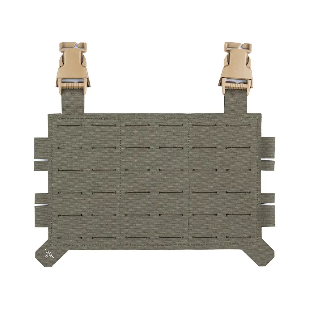 Red laser-cut MOLLE placard attached to tactical gear by HCC Tactical, showcasing durable modular attachment system.