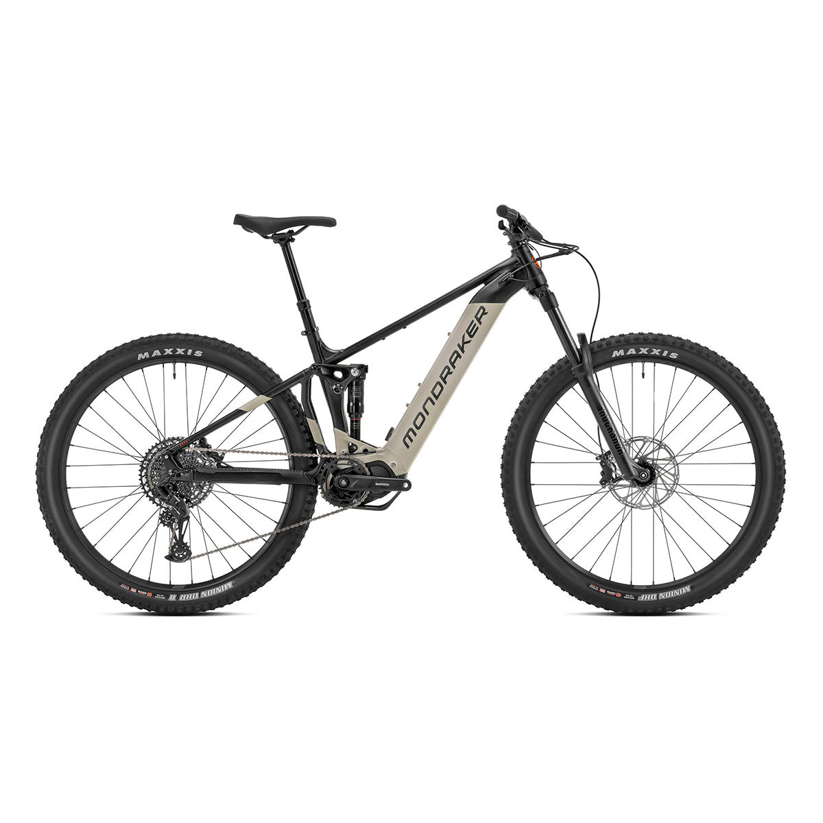 ZEITBIKE Mondraker DUSK SE e-MTB bicycle in black, desert grey, and orange with rugged frame and mountain bike features.