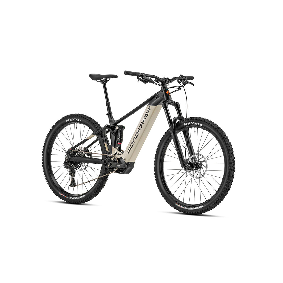 ZEITBIKE Mondraker DUSK SE e-Mountain bike in black, desert grey, and orange with suspension and electric assist features.