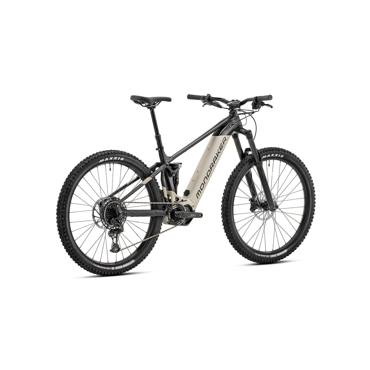 ZEITBIKE Mondraker DUSK SE e-MTB bicycle in black, desert grey, and orange with a full-suspension design for enduro riding.