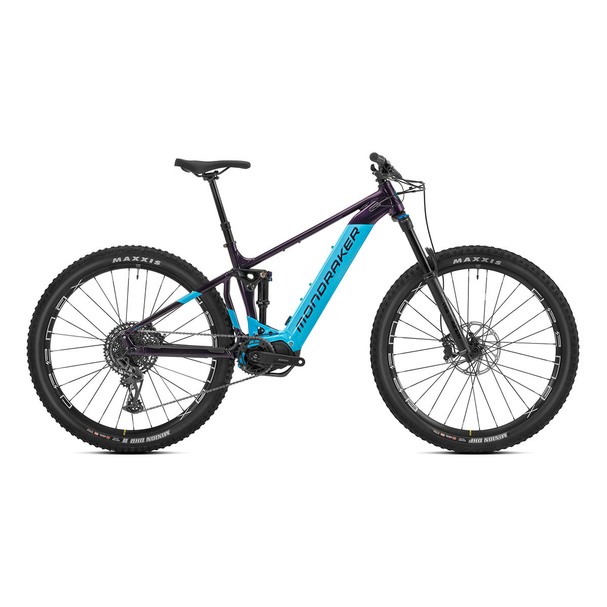 Mondraker DUSK R SE e-MTB bike in deep purple and light blue, showing the sleek frame and off-road tires.