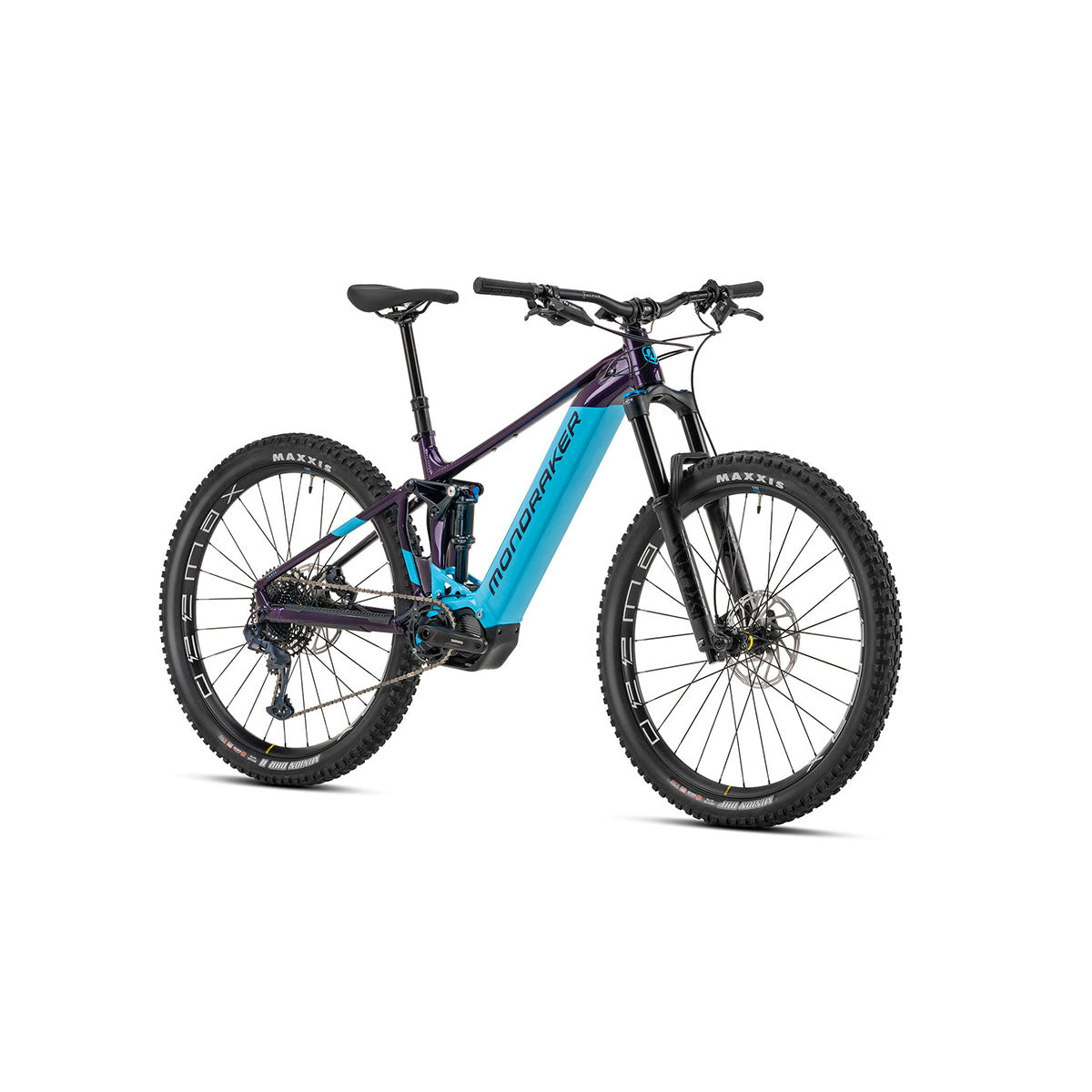 Mondraker Dusk R SE e-MTB bike in deep purple and light blue, featuring rugged frame and mountain bike components.