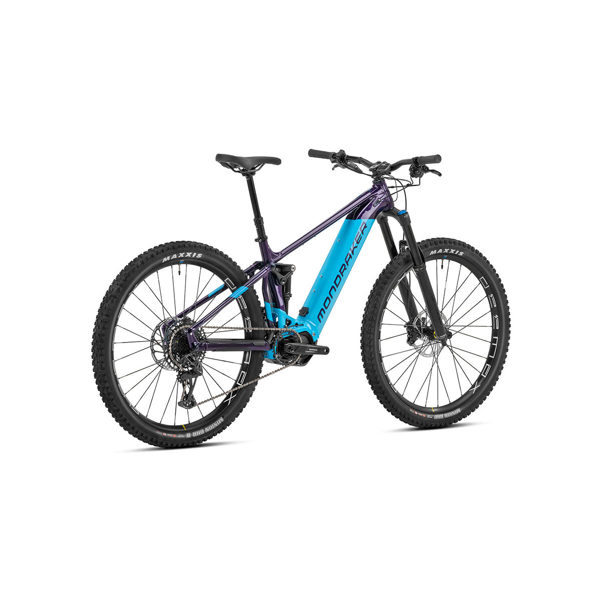 Mondraker Dusk R SE e-MTB bike in deep purple and light blue, featuring a sleek frame and off-road tires for enduro riding.