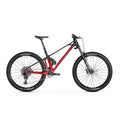 Mondraker Foxy Carbon Enduro mountain bike in cherry red and black, with suspension forks and rugged tires for off-road riding.