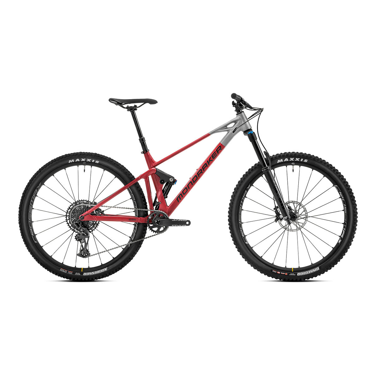 Red and grey Mondraker RAZE R trail bicycle by ZEITBIKE, showing the sleek frame and mountain bike features.