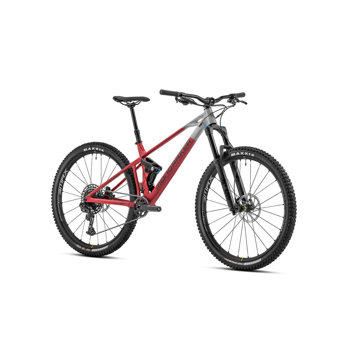 Red and grey Mondraker RAZE R trail bicycle by ZEITBIKE with sleek frame and mountain bike design, ready for trail riding.