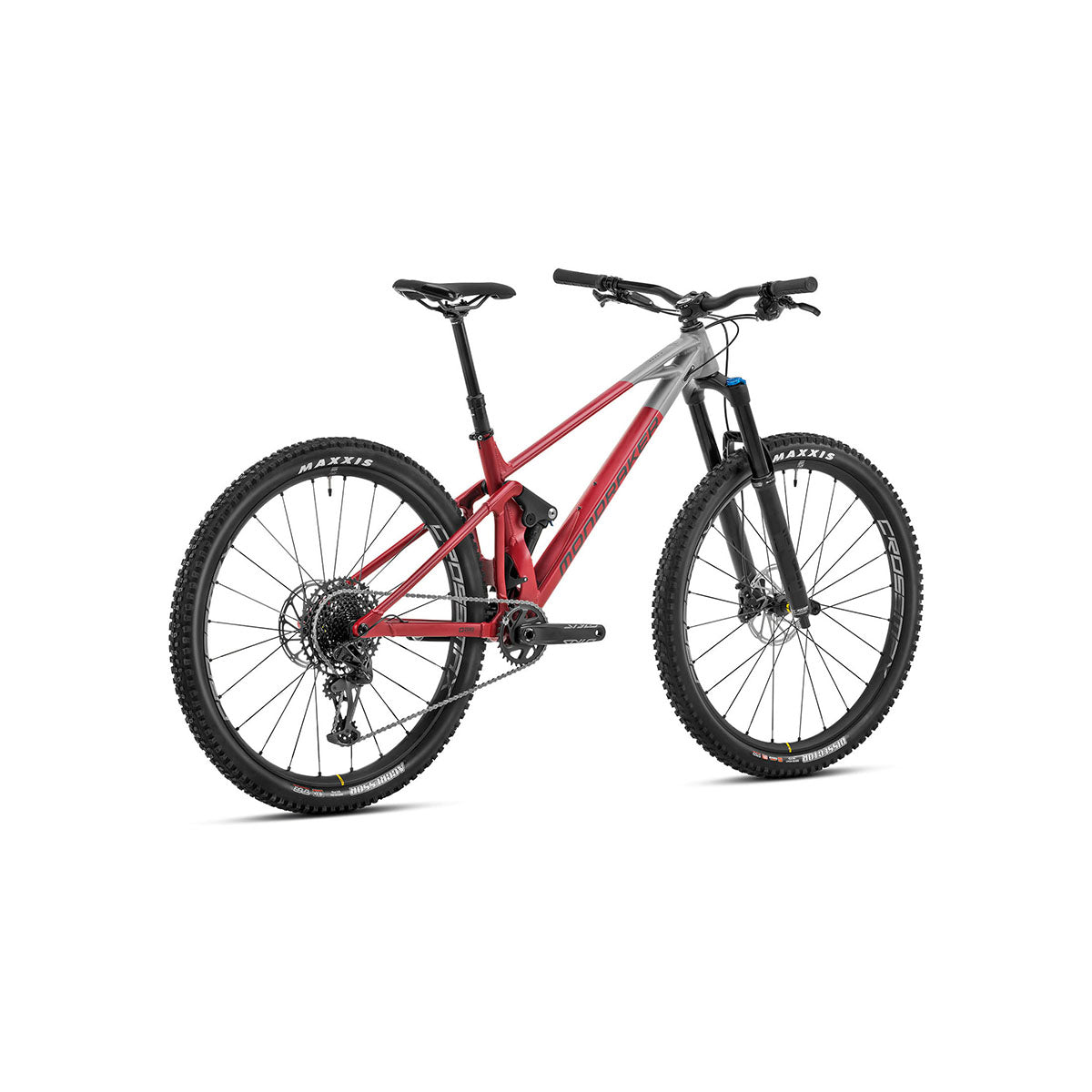 ZEITBIKE Mondraker RAZE R trail bike in red and grey, showing the bicycle's frame, suspension, and trail-ready design.