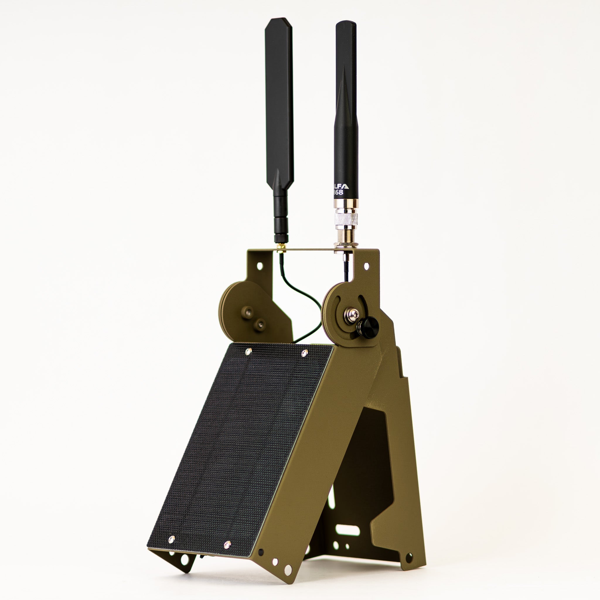 Atlaxox Beacon Solar Meshtastic Node radio device with solar panel and preconfigured setup, featuring compact design and connectivity ports.