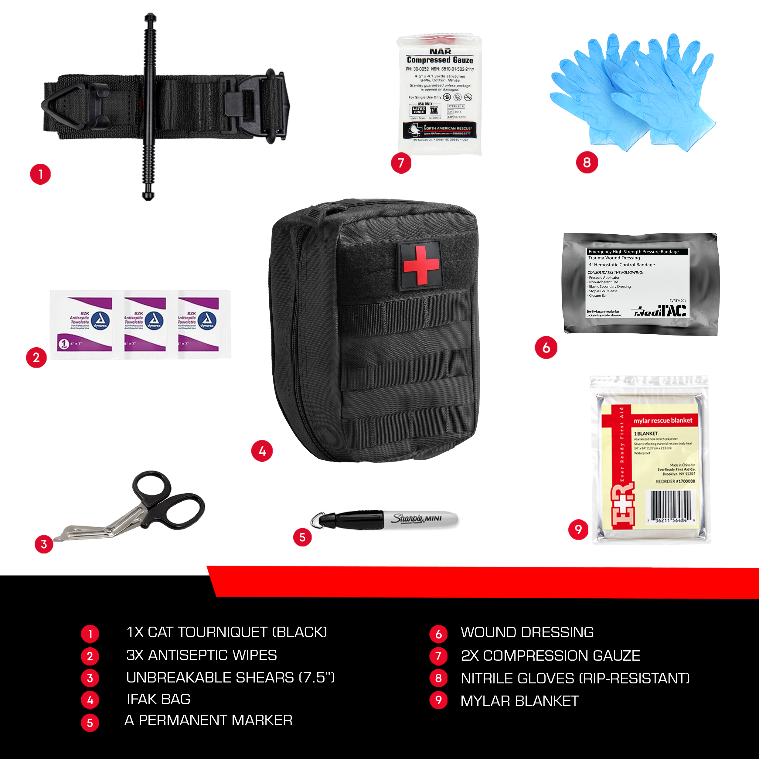 MediTac Kits premium bleeding control pack with tourniquet, gauze, and emergency trauma supplies in a compact first aid kit.