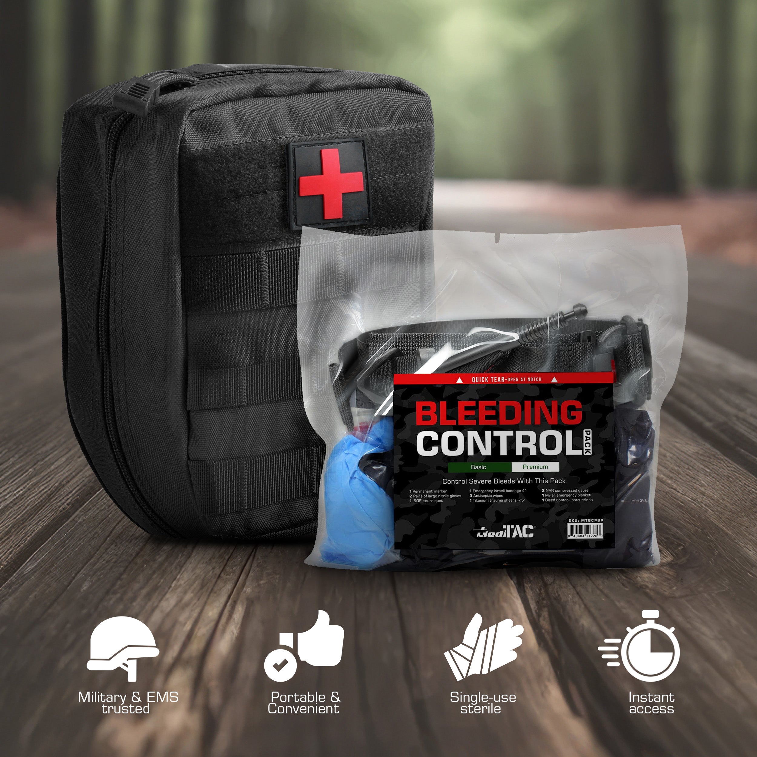 MediTac Kits bleeding control emergency trauma kit with bandages, tourniquets, and medical supplies for first aid response.