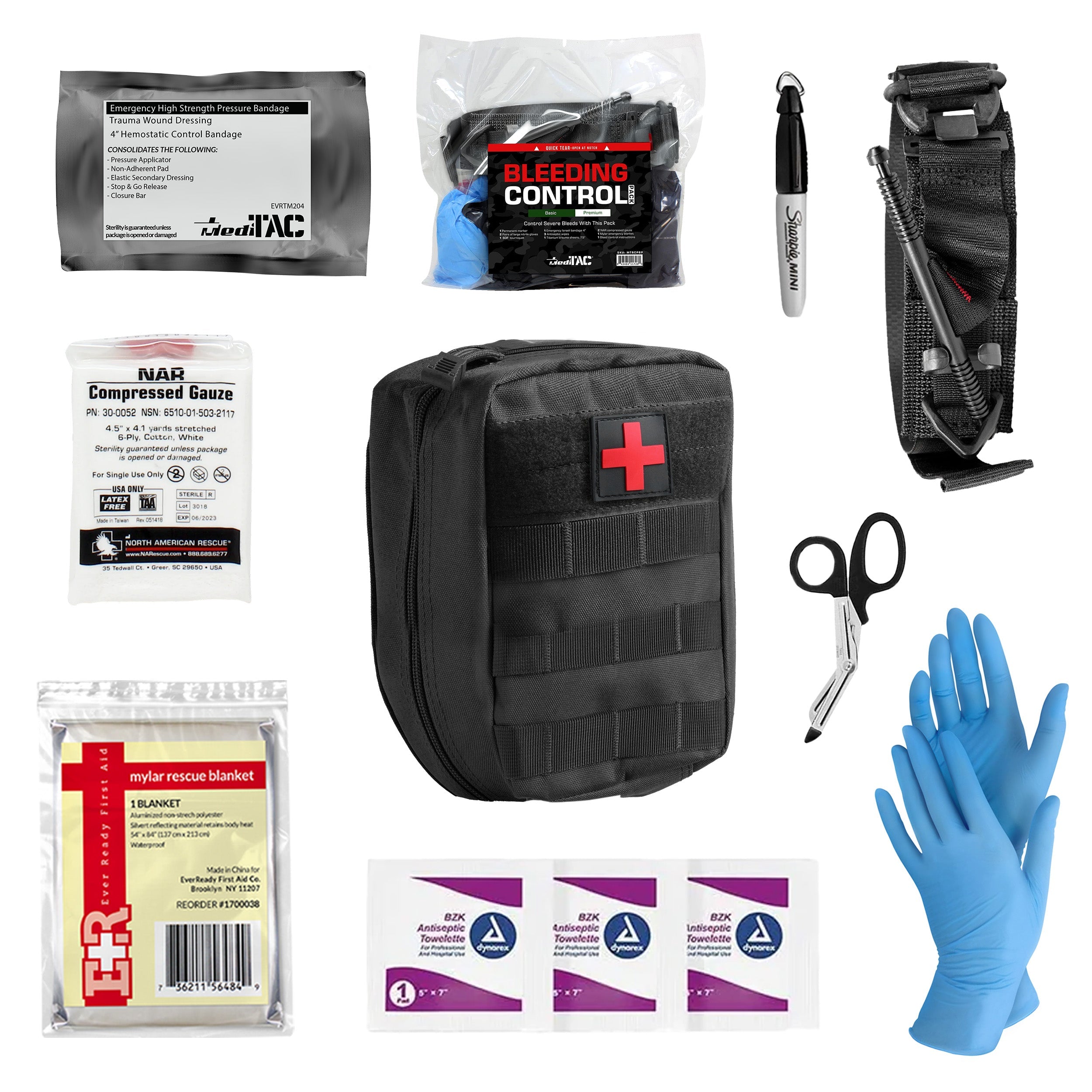 MediTac Kits premium bleeding control emergency trauma first aid kit with bandages, tourniquets, and medical supplies.