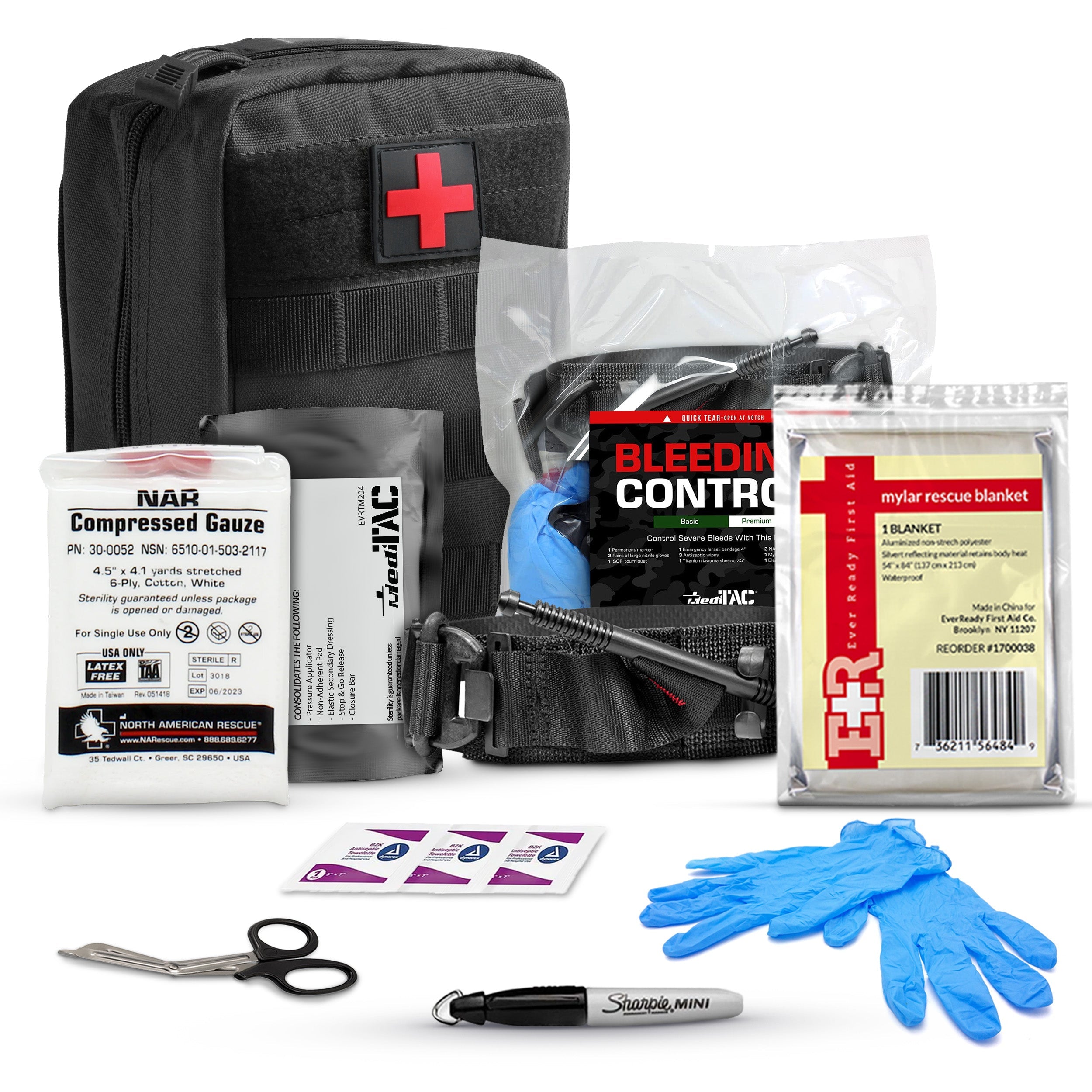 MediTac Kits premium bleeding control pack with emergency trauma first aid kit, including bandages, gauze, and tourniquet for bleeding emergencies.