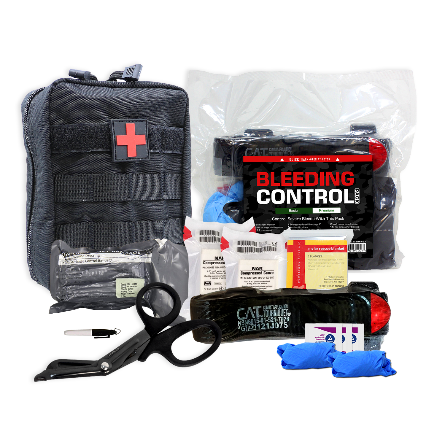 MediTac Kits Premium Bleeding Control Pack emergency trauma kit with bandages and tourniquets for first aid emergencies.