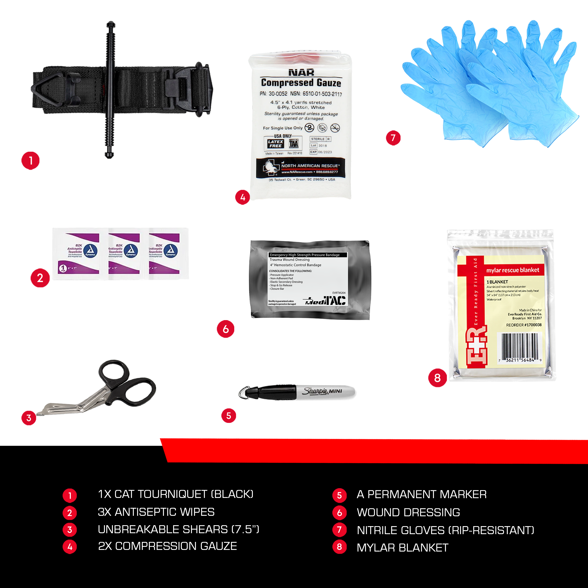 MediTac Kits Premium Bleeding Control Pack, emergency trauma first aid kit with bandages, tourniquets, and medical supplies.