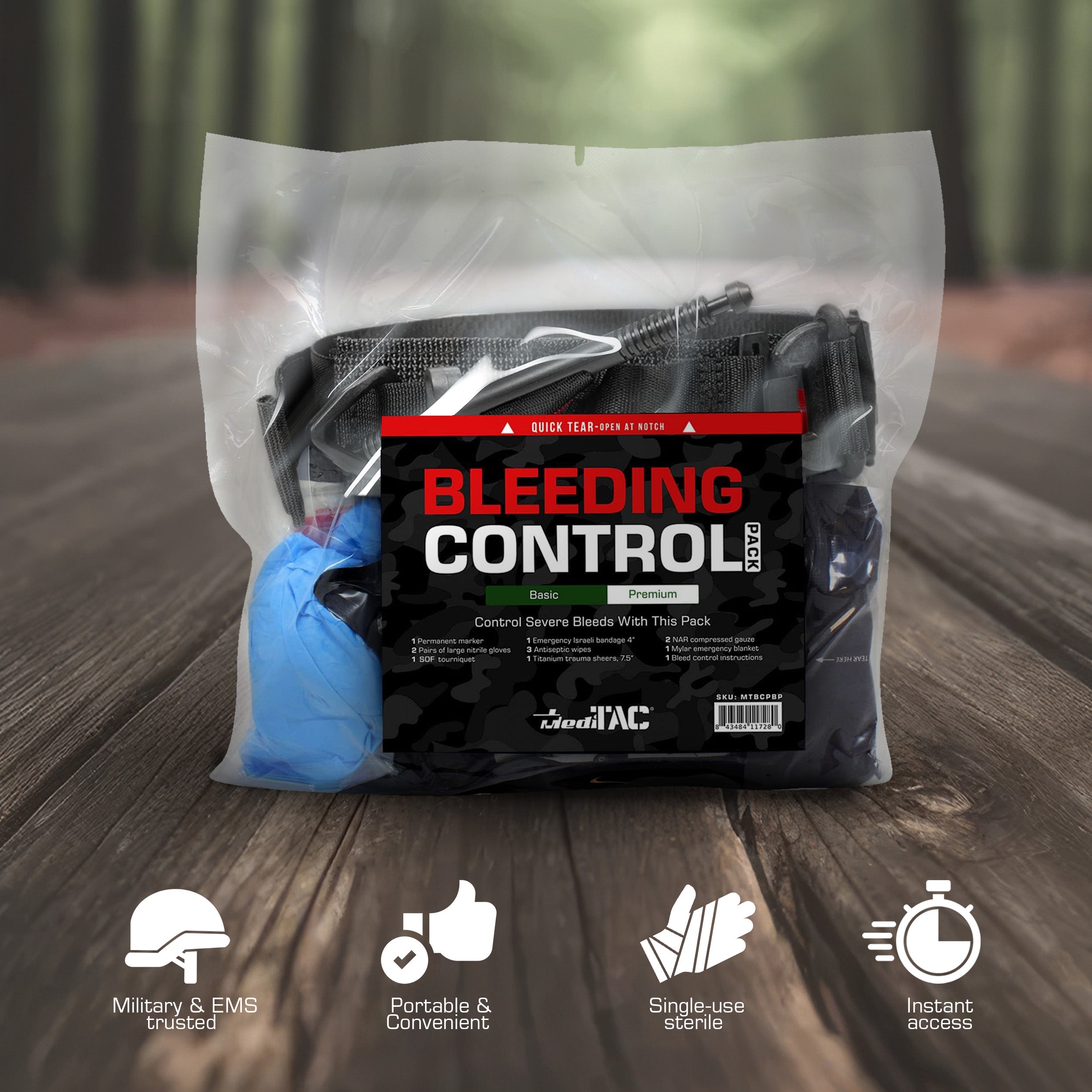 MediTac Kits Premium Bleeding Control Pack first aid kit with bandages, gauze, and trauma supplies for emergency bleeding management.