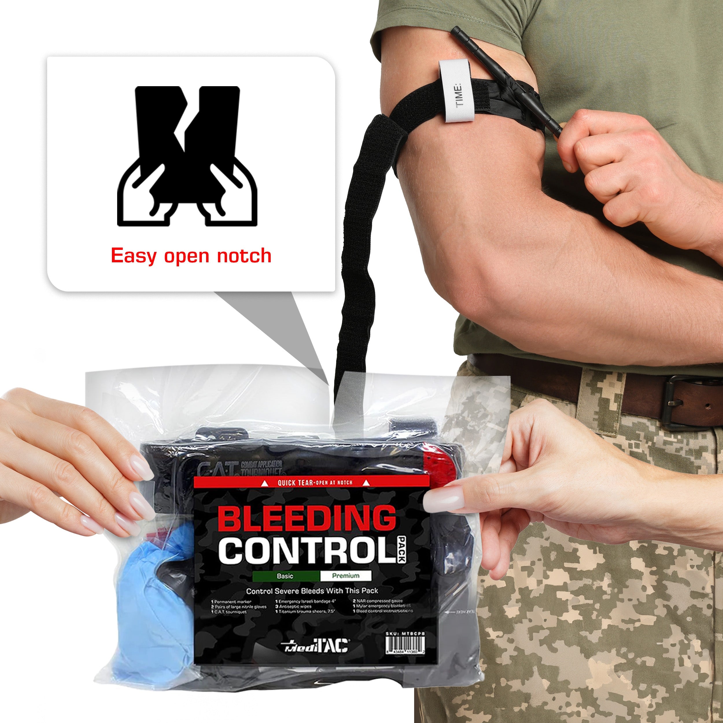 MediTac Kits Premium Bleeding Control Pack with emergency trauma first aid kit, including bandages, gauze, and bleeding control tools.